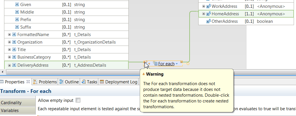 Image that shows the warnings in the For each transform