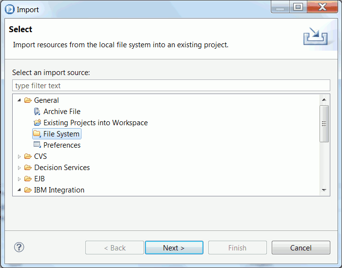 Image that shows the steps to import from the file system.