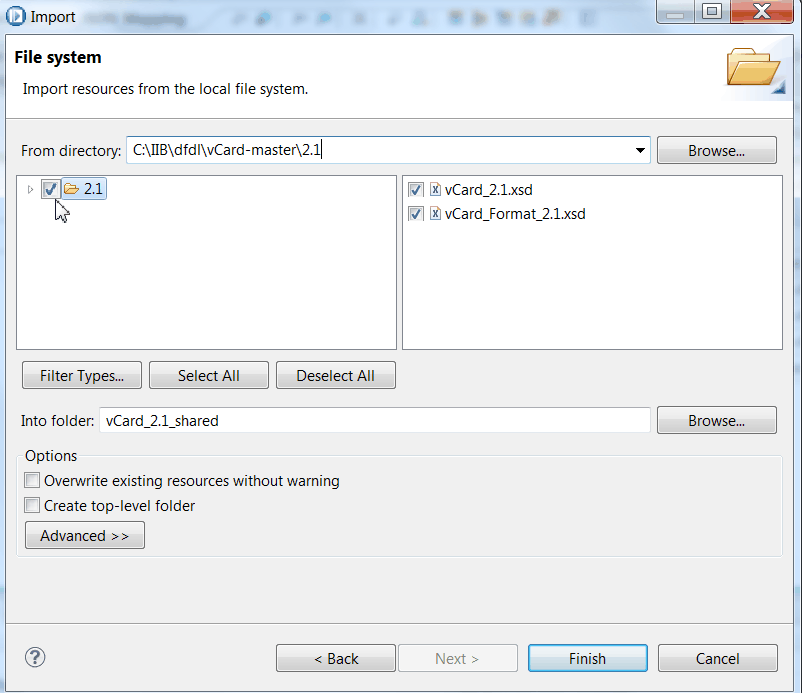 Image that shows the xsd files that you must import from the file system.