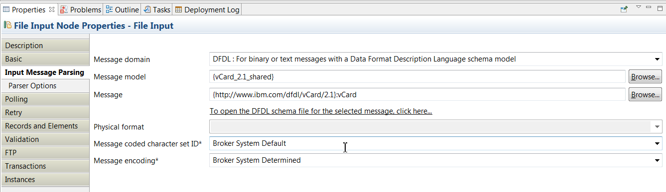 Image that shows the FileInput node Input Message Parsing properties where you configure the dfdl model.