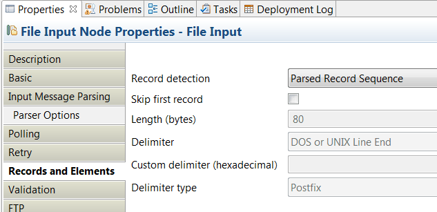 Image that shows the FileInput node Records and Elements properties where you configure the dfdl model.